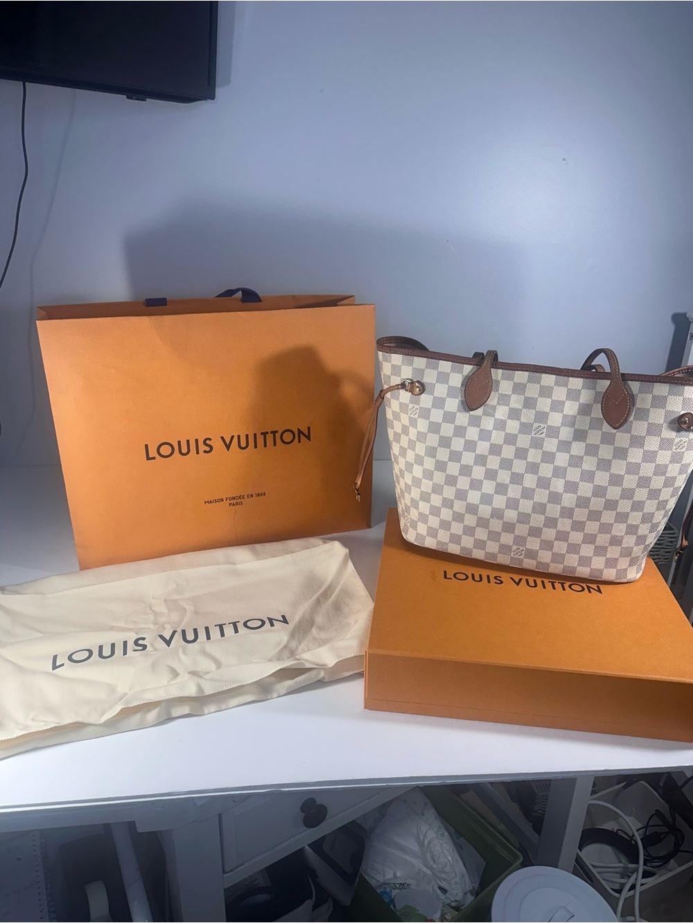 Louis Vuitton Neverfull MM Damier Azur N41605 Tote W/Dust Bag Shopping Bag & Box